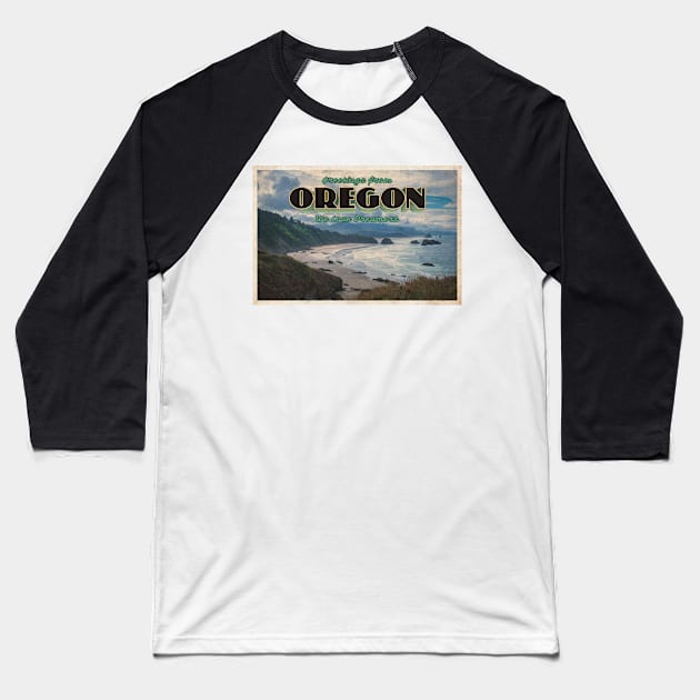 Greetings from Oregon - Vintage Travel Postcard Design Baseball T-Shirt by fromthereco